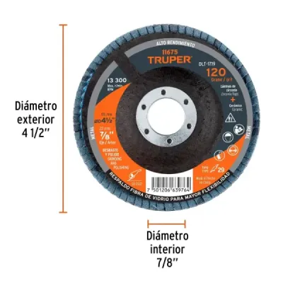 Disco Laminado Flap 4.1/2' Truper Fibra Vidrio Grano 120