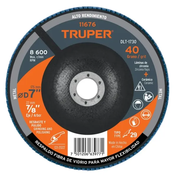 Disco Laminado Flap 7' Acero Truper Fibra Vidrio Grano 40 (DLT-1730 - 11676)