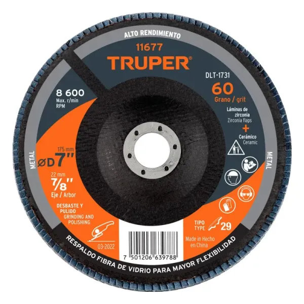 Disco Laminado Flap 7' Acero Truper Fibra Vidrio Grano 60 (DLT-1731 - 11677)