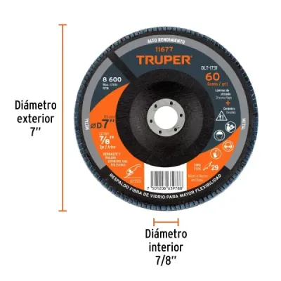 Disco Laminado Flap 7' Acero Truper Fibra Vidrio Grano 60