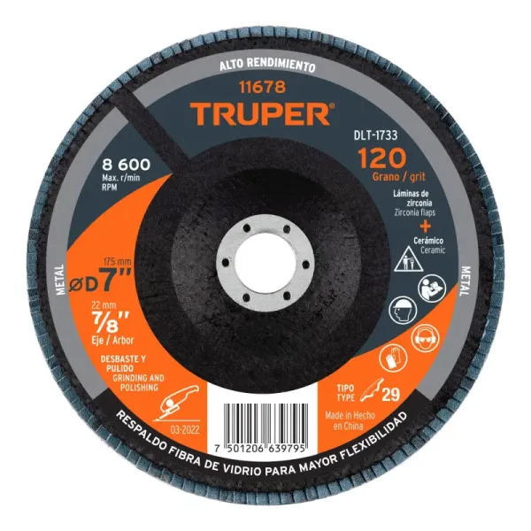 Disco Laminado Flap 7' Acero Truper Fibra Vidrio Grano 120 (DLT-1733 - 11678)