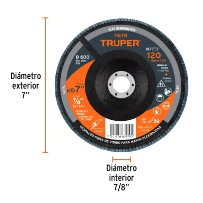 Disco Laminado Flap 7' Acero Truper Fibra Vidrio Grano 120