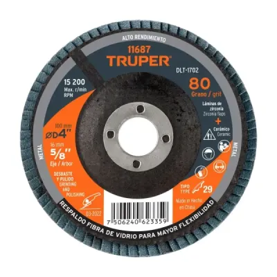 Disco Laminado Flap 4' Acero Truper Fibra Vidrio Grano 80
