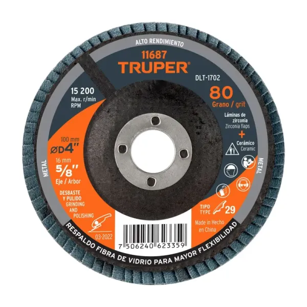 Disco Laminado Flap 4' Acero Truper Fibra Vidrio Grano 80 (DLT-1702 - 11687)