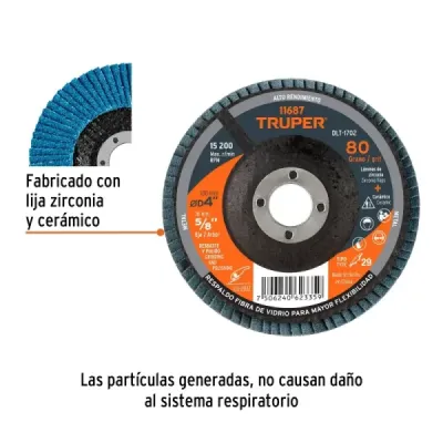 Disco Laminado Flap 4' Acero Truper Fibra Vidrio Grano 80