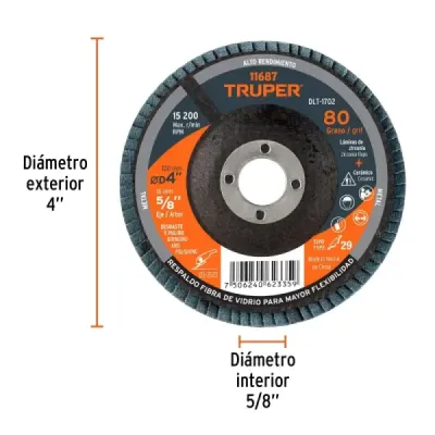 Disco Laminado Flap 4' Acero Truper Fibra Vidrio Grano 80