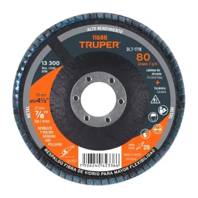 Disco Laminado Flap 4.1/2' Truper Fibra Vidrio Grano 80