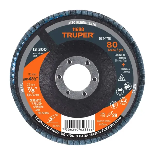 Disco Laminado Flap 4.1/2' Truper Fibra Vidrio Grano 80 (DLT-1718 - 11688)