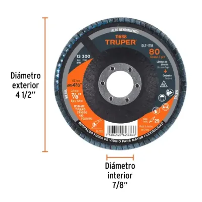 Disco Laminado Flap 4.1/2' Truper Fibra Vidrio Grano 80