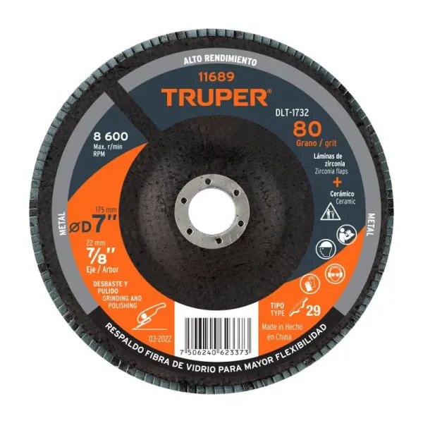 Disco Laminado Flap 7' Acero Truper Fibra Vidrio Grano 80 (DLT-1732 - 11689)