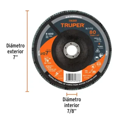 Disco Laminado Flap 7' Acero Truper Fibra Vidrio Grano 80