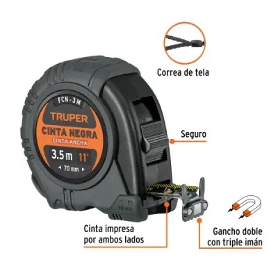Flexómetro Contra Impacto 3.5m Truper Cinta Negra 19mm Imán