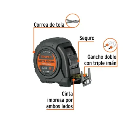 Flexómetro Contra Impacto 5.5m Truper Cinta Negra 25mm Imán