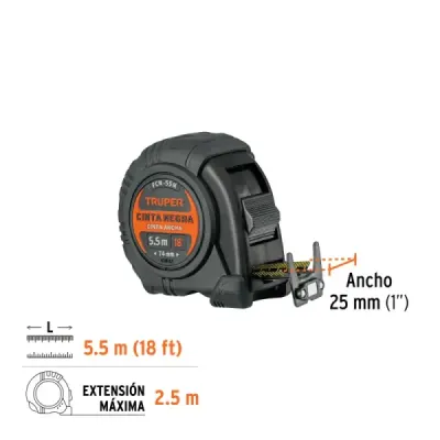 Flexómetro Contra Impacto 5.5m Truper Cinta Negra 25mm Imán