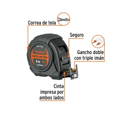 Flexómetro Contra Impacto 8m Truper Cinta Negra 25mm Imán