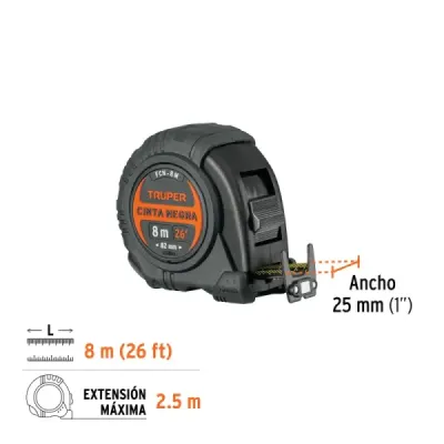Flexómetro Contra Impacto 8m Truper Cinta Negra 25mm Imán