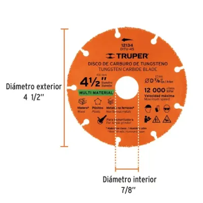 Disco Tungsteno Multimaterial 4.1/2' Truper Centro 7/8'