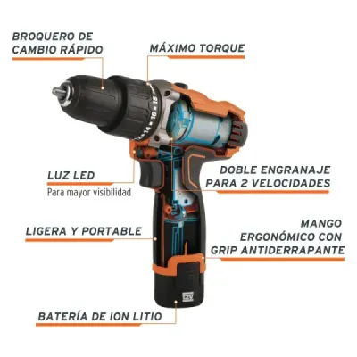 Taladro Percutor Inalámbrico 3/8' 12v Truper Pro 1 Batería