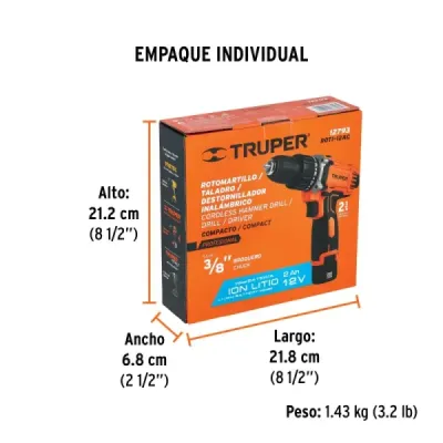 Taladro Percutor Inalámbrico 3/8' 12v Truper Pro 1 Batería