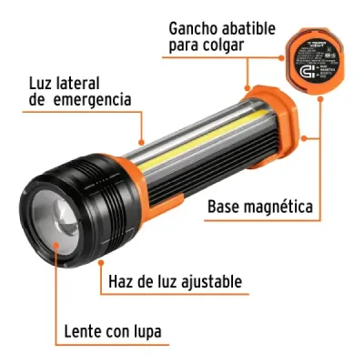 Linterna Led 480lm Emergencia Aluminio Truper Luz Lateral