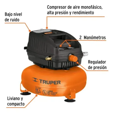 Compresor De Aire 1hp 12l Truper 100 Psi Libre De Aceite