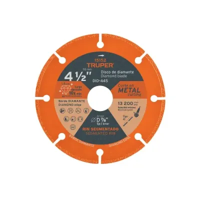 Disco Diamante Corte Metal 4.1/2' 10x Truper Centro 7/8'