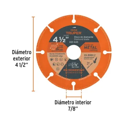 Disco Diamante Corte Metal 4.1/2' 10x Truper Centro 7/8'