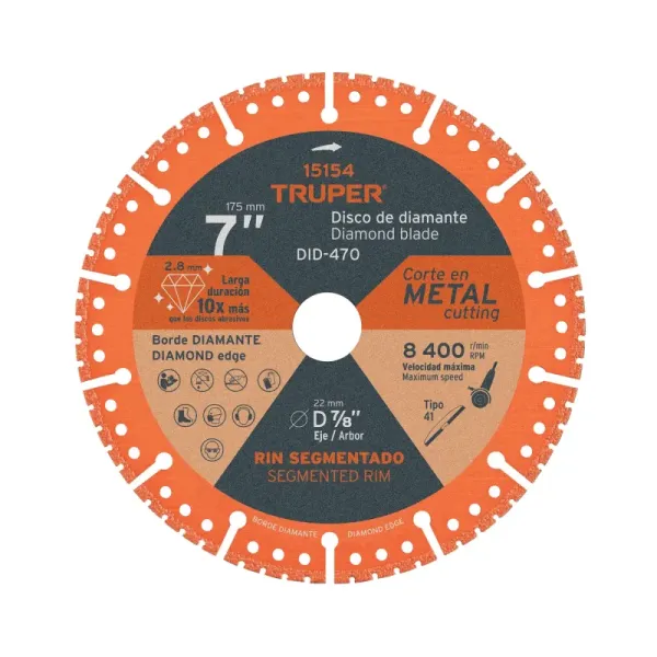 Disco Diamante Corte Metal 7' 10x Truper Centro 7/8' (DID-470 - 15154)