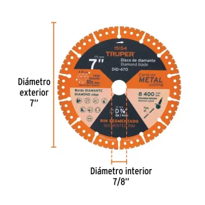 Disco Diamante Corte Metal 7' 10x Truper Centro 7/8'