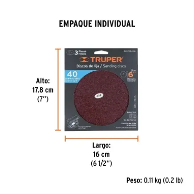 Set 3 Disco De Lija 6' Velcro Truper Grano 40 Madera Metal
