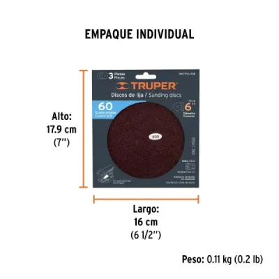 Set 3 Disco De Lija 6' Velcro Truper Grano 60 Madera Metal