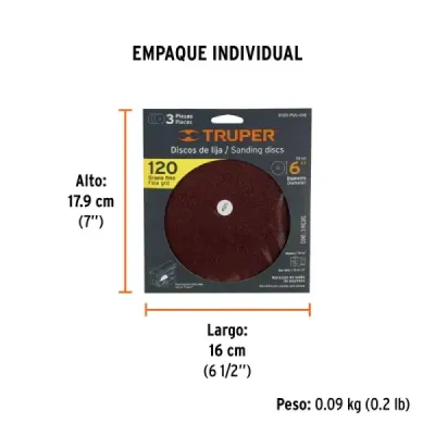 Set 3 Disco De Lija 6' Velcro Truper Grano 120 Madera Metal