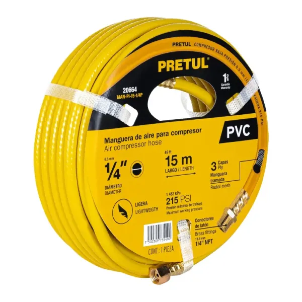 Manguera Compresor De Aire Pvc 15m X 1/4' Pretul 215 Psi (MAN-PI-15-1/4P - 20664)