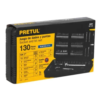 Juego 130 Copas Dados Puntas 1/4' Mecánico Pretul Estuche
