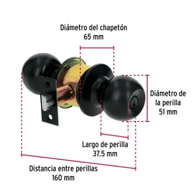 Cerradura Chapa Pomo Negro Mate Recámara Hermex Basic Esfera