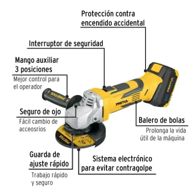 Pulidora Angular Inalámbrica 4.1/2' 20v Pretul 1 Batería