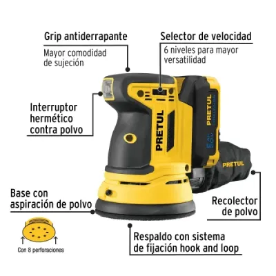 Lijadora Roto-orbital Inalámbrica 5' 20v Pretul 1 Batería