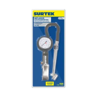 Inflador Con Manómetro 1/4' Npt 220 Psi Surtek Con Válvula