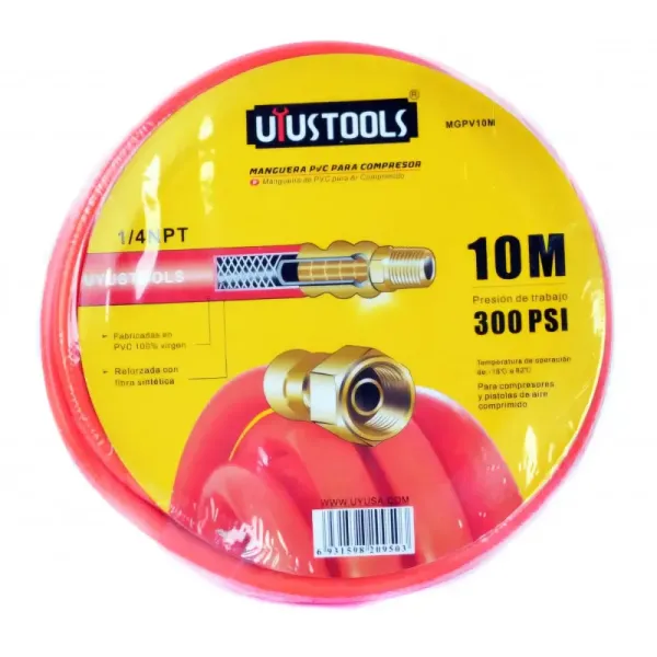 Manguera Compresor 10 M X 1/4' Uyustools Pvc Acoples 20 Bar (MGPV10M)