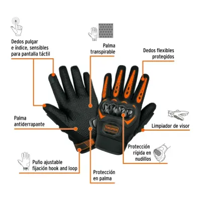 Guantes Moto Rígidos Talla 9 Truper Limpia Visor Dedo Touch