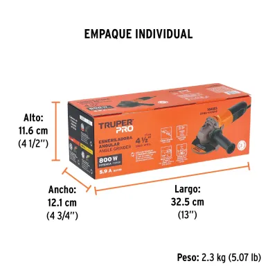 Pulidora Angular Profesional 4.1/2", 800 W Con Accesorios Truper
