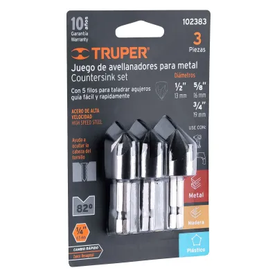 3 Brocas Avellanador Metal 3/4' A 1/2' Truper Corte Rápido