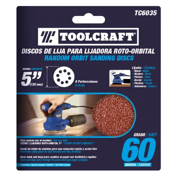 Set 5 Discos De Lija Grano 60 De 5' Toolcraft Con Velcro (TC6035)