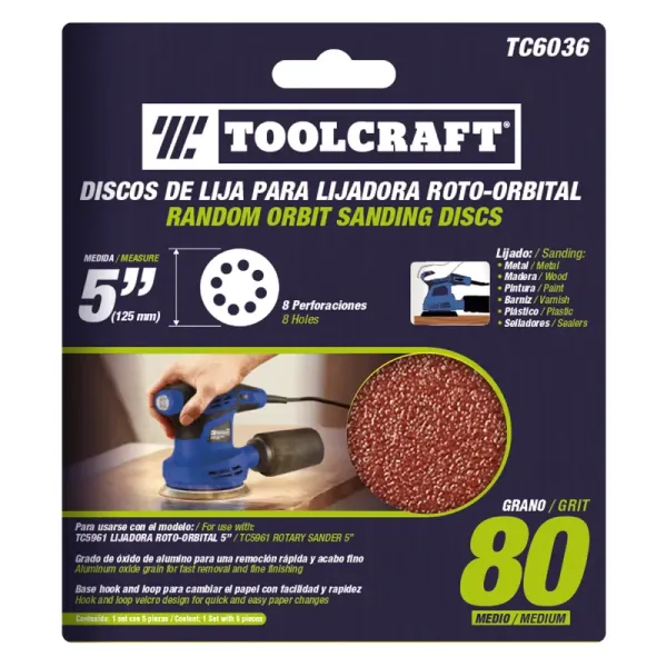 Set 5 Discos De Lija Grano 80 De 5' Toolcraft Con Velcro (TC6036)