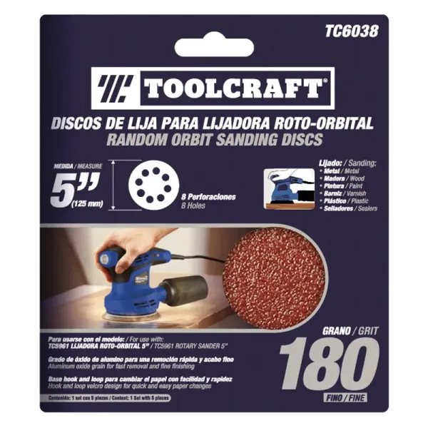 Set 5 Discos De Lija Grano 180 De 5' Toolcraft Con Velcro (TC6038)