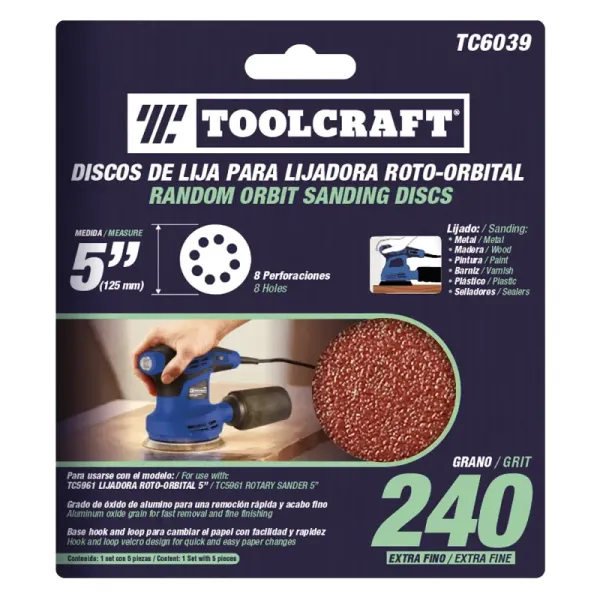 Set 5 Discos De Lija Grano 240 De 5' Toolcraft Con Velcro (TC6039)