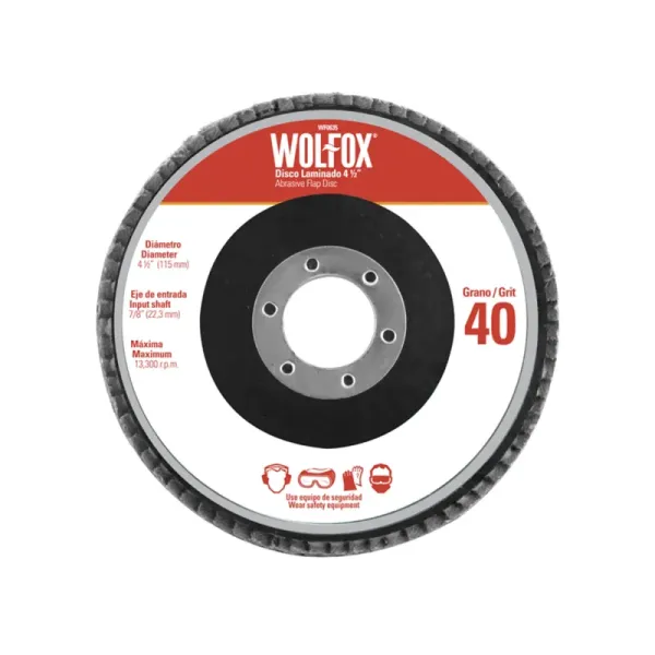 Disco Flap Para Desbaste Y Pulido 4.1/2' Wolfox Grano 40 (WF0635)