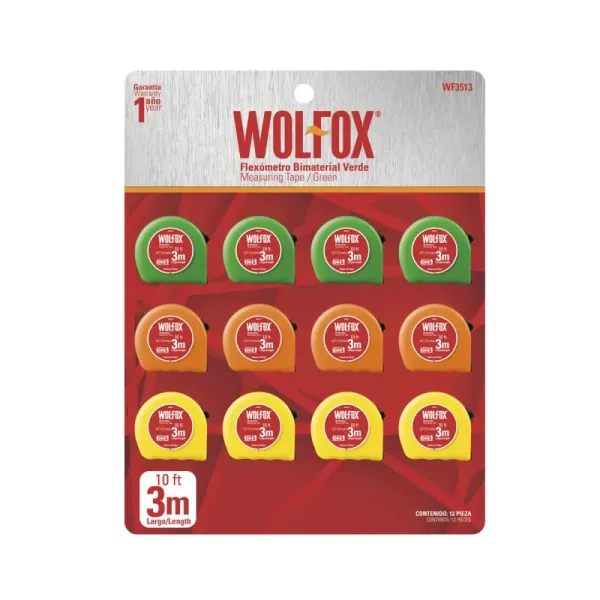 12 Flexómetros De 3 M Naranjas Wolfox Cinta Amarilla 1/2' (WF3513)