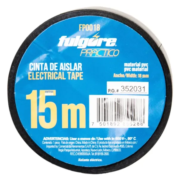 Cinta De Aislar Negra 15 Metros Fulgore 18 Mm X 0.13 Mm (FP0018)