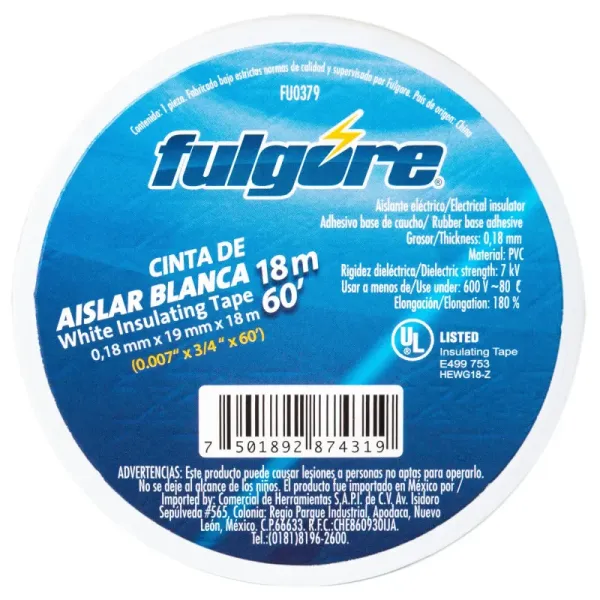 Cinta De Aislar Blanca 18 Metros Fulgore 19 Mm X 0.18 Mm (FU0379)